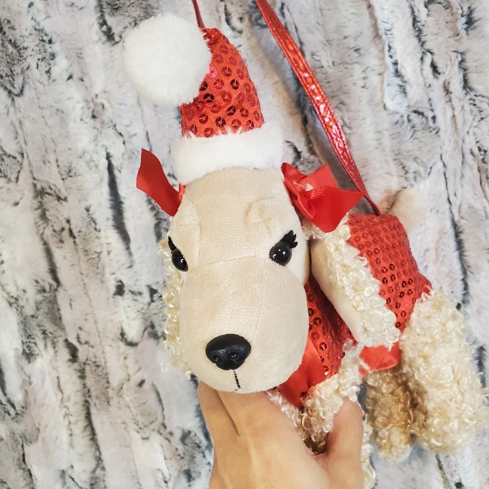 Plush Christmas Dog Purse Red Sequins Beige‎ Tan Poodle Cocker Spaniel Girls